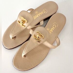 Vintage Chanel CC Turnlock Beige Leather Thong Sandals, size 37